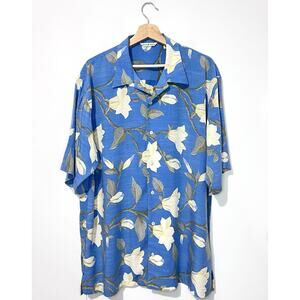 Tommy Bahama Mens Button Down Shirt L Blue Floral Short Sleeve Logo Side Slits
